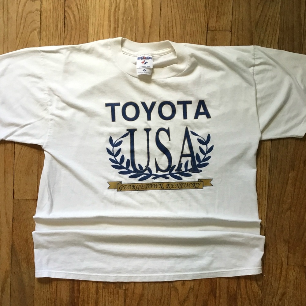 Vintage Jerzees White Toyota USA Short Sleeve Tee with Navy and Gold Print
